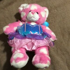 BUILD A BEAR HARD TO FIND PINK WHITE HEARTS BEAR WITH FAIRY DRESS -SIGNS OF WEAR